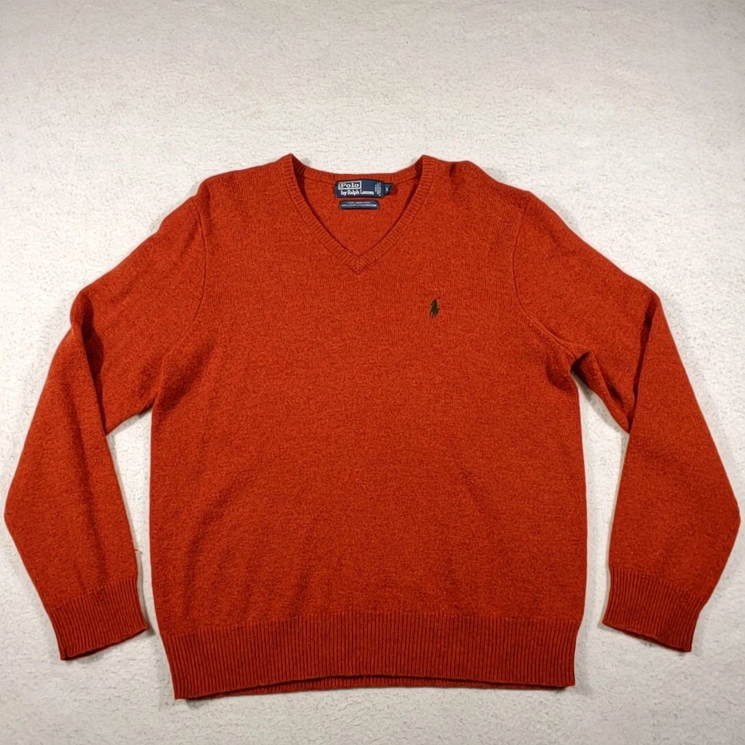 Polo Ralph Lauren 100% Lambs Wool V-Neck Knit Sweater Men's Size Large Orange