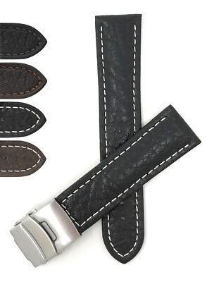 22mm Top Grain Leather Deployment Watch Band for Orient Ray Raven
