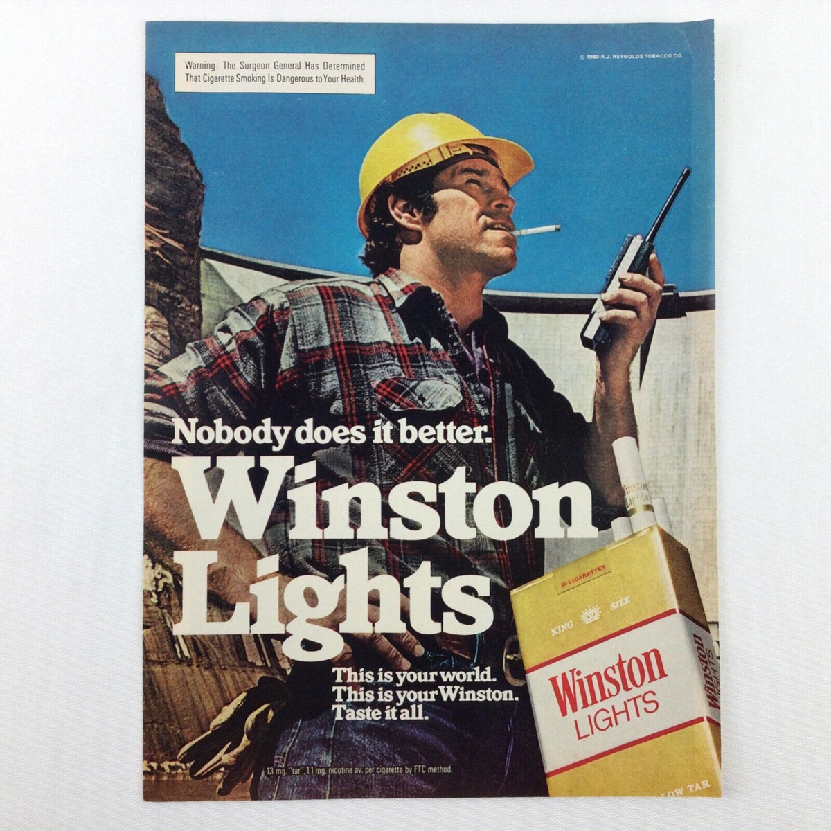 Winston Cigarettes VINTAGE 1980 PRINT AD Nobody Does It Better Construction  Man