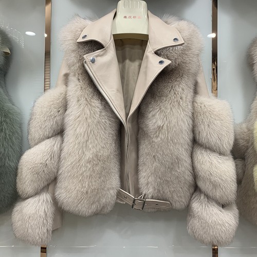 Damen künstliche Zucht Fuchsfell Mantel Lammfell Leder Motorradjacke - Bild 19 von 25