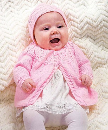 Strickanleitung Kopie 0498.  Baby Strickjacke & Mütze.   18-19 Zoll Brustumfang.
