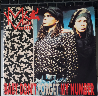 Milli Vanilli   Baby Don't Forget My Number / Too Much Monkey 45 RPM RECORD w PS
