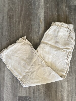 Match Point Elastic Waist Tan Wide Leg Linen Pant Women Size S 100% Made In USA