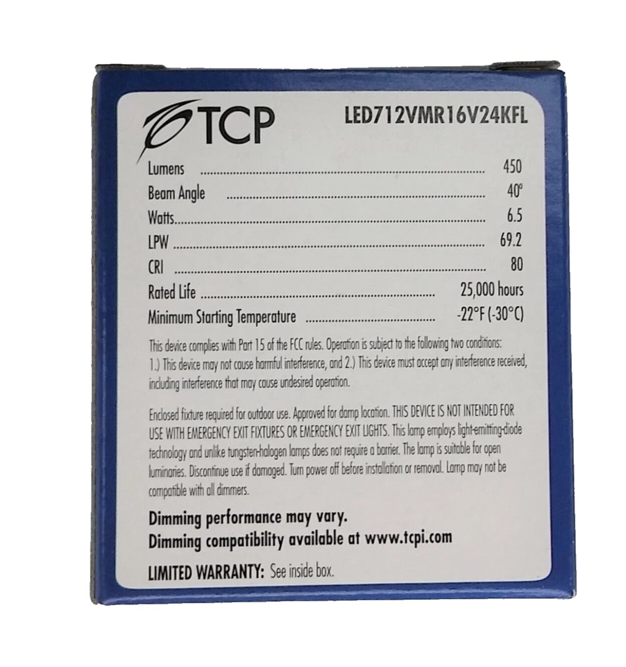 TCP LED712VMR16V24KFL 7W 12V MR16 2400K GU5.3 Dimmable LED Light Bulb - Image 4 of 4