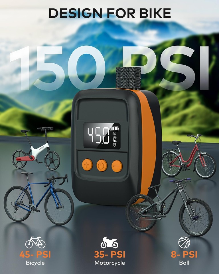 Bike Pump Electric Bike Tire Pump with Gauge, 150 PSI Electric Bicycle