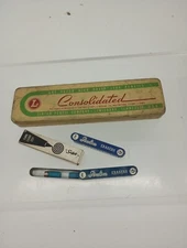 Vtg Consolidated Pencil Tin 2 Sheaffers Eraser Tins 1 Is Empty 1 Scripto Leads 