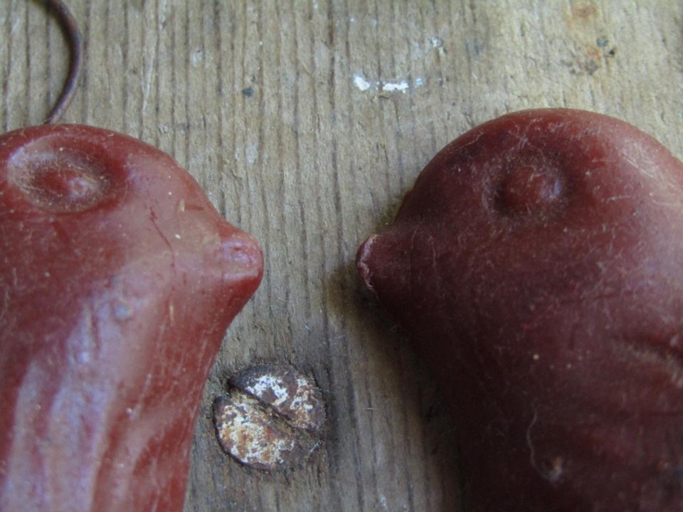 2 Adorable Primitive Vintage Hanging Wax Chicks Chickens With Tin Wire