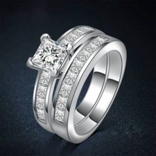 Womens Princess Round Cut AAA CZ Platinum Plat Wedding Band Ring Set Size 6-10