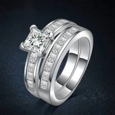 Womens Princess Round Cut AAA CZ Platinum Plat Wedding Band Ring Set Size 6-10