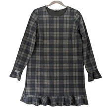 Zara Collection Ruffle Plaid Shift Dress M Gray Black Babydoll Bell Sleeves Mini
