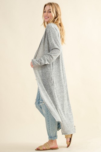 Women's Long Open Front Long Sleeve Knee Length Slit Knit Duster Cardigan - Picture 6 of 8