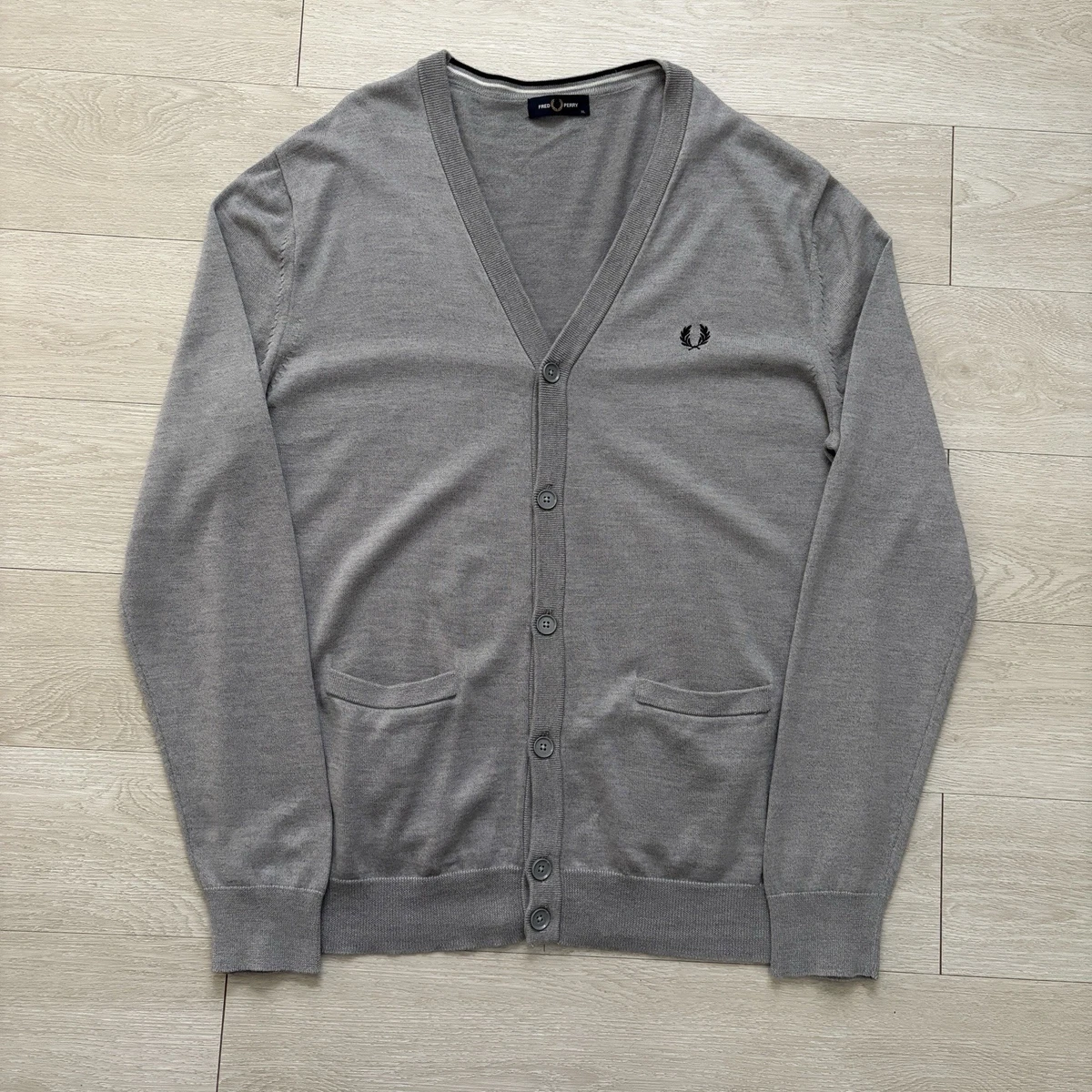 Cárdigan Jersey Fred Perry Clásico Para Hombre Talla Extra Grande Gris Lana Algodón