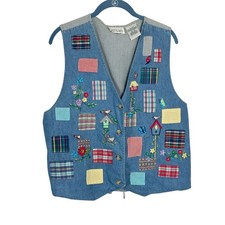 Casey  Max Vintage Patchwork Denim Vest XL Embroidered Birdhouse Cottagecore