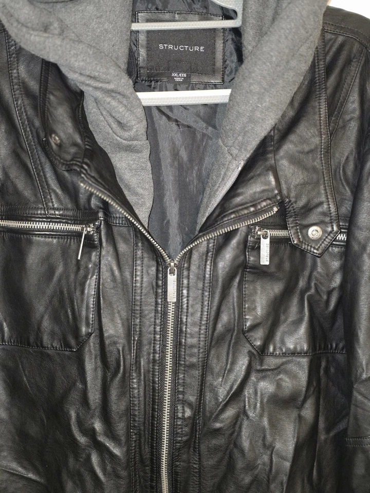 Structure Jacket Mens 2XL Black Hooded Faux Leather Bomber Zip Pockets Lined - Image 3 of 4