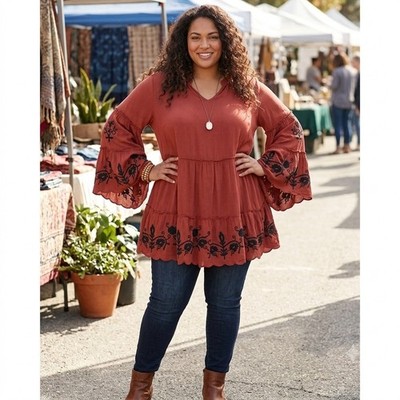 Angel Heart Boutique Burgundy Embroidered Tiered Bell Sleeve Tunic Top 1X