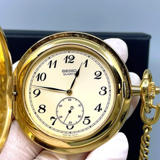   N Mint /Box  Vintage SEIKO Pocket Watch 7N07-0040 Gold Half Hunter Qz US Stock