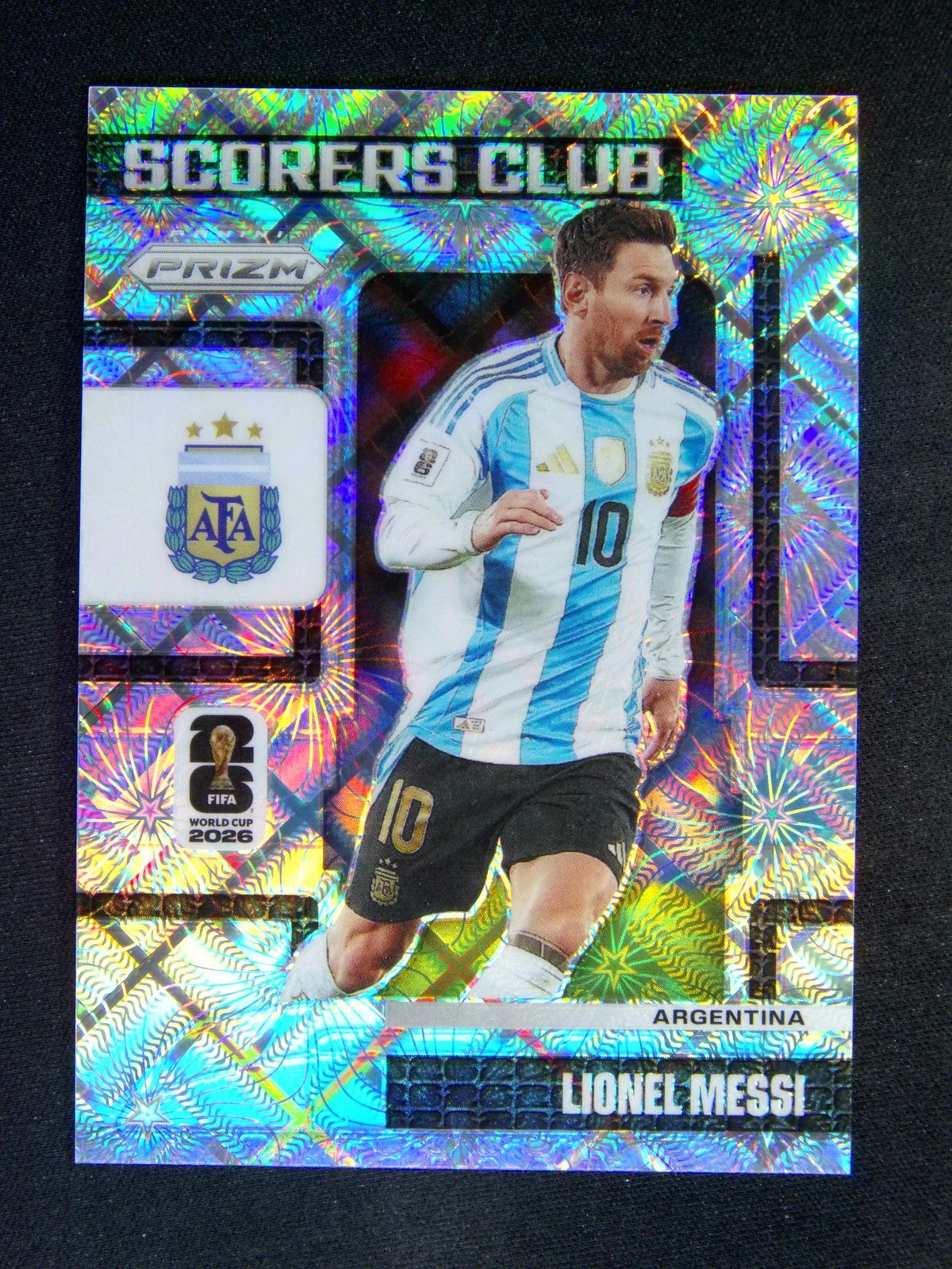 2026 Panini Prizm FIFA World Cup Lionel Messi #15 Scorers Club Celestial Lattice view 1