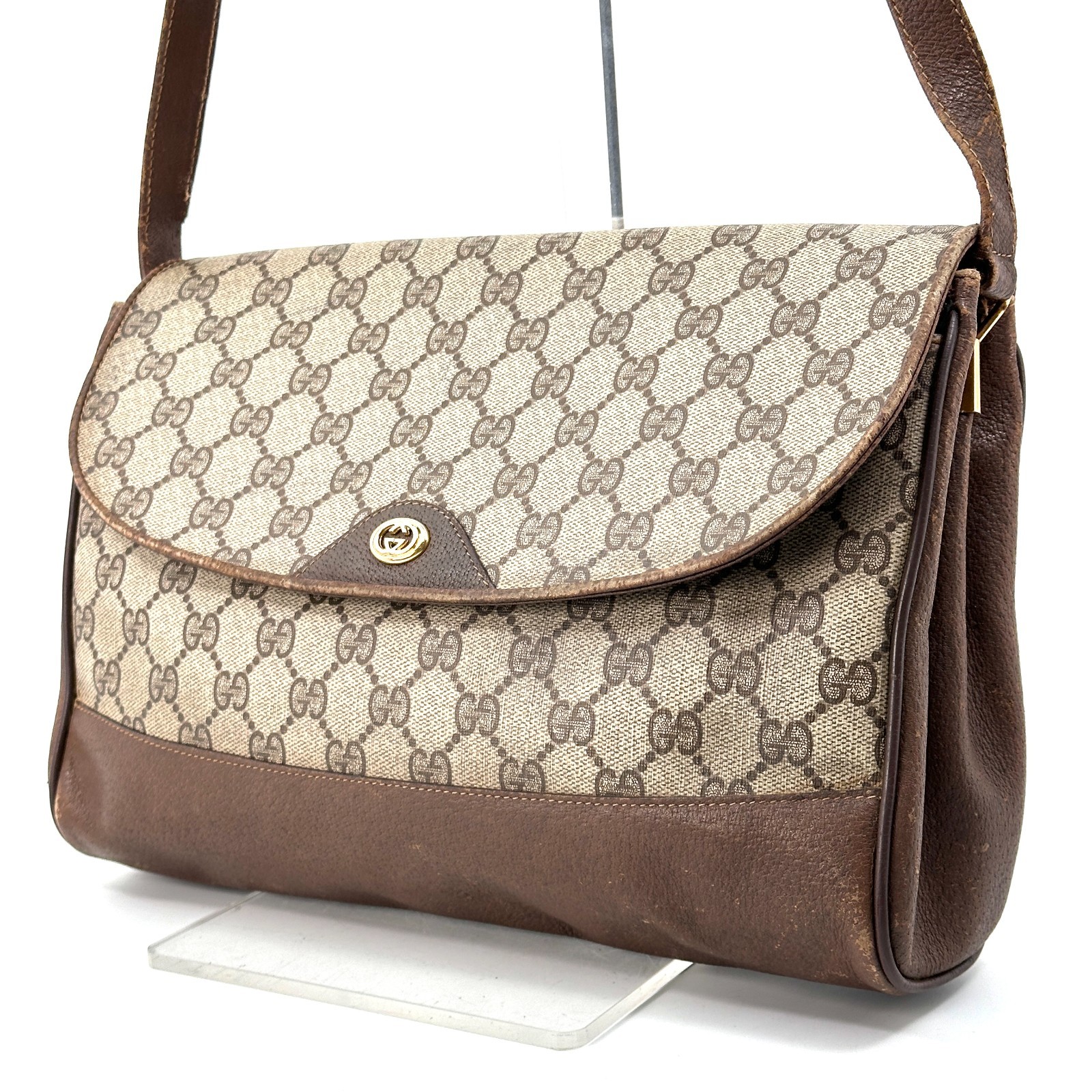 Gucci Vintage Interlocking GG Canvas Leather Flap Shoulder Bag Brown Authentic