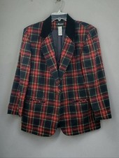 Vtg Sag Harbor Tartan Plaid Blazer Women's 10P Navy Red Wool Blend Velvet Collar