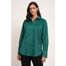 NWOT HALSTON Womens Teal Green Faux Suede Collared Button Up Shirt Top M Tunic