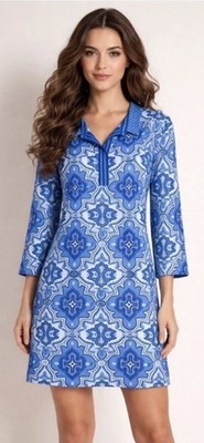 Gretchen Scott Blue & White Printed Shirt Dress In Boho Tile Pattern, Size XS