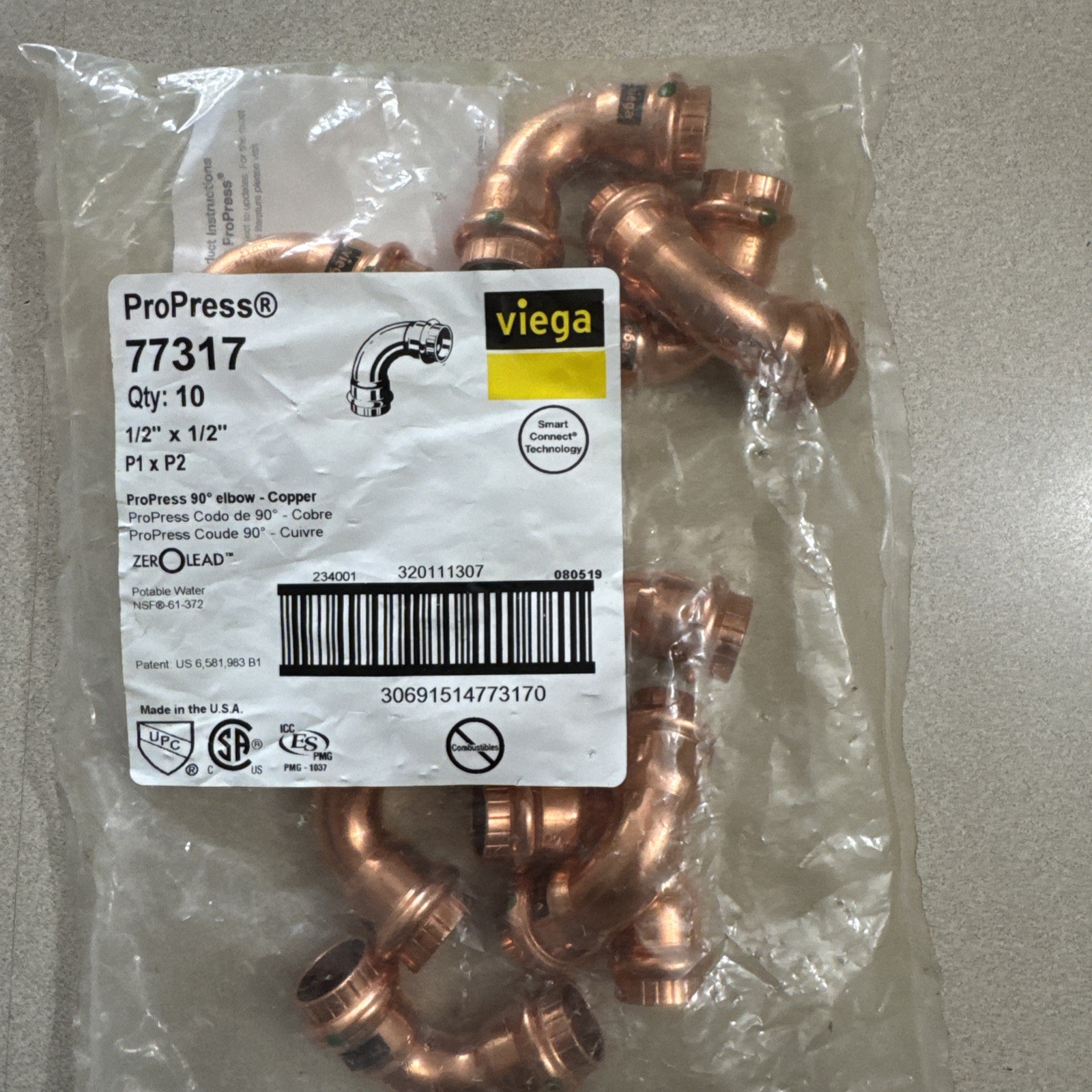 Viega - 77317 - Pro Press - 1/2" x 1/2" - P1 x P2 - Copper 90 Deg Elbow - Qty 10