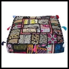 Black Cotton Square Pouf Cover Indian Embroidered Patchwork Decorative Ottoman