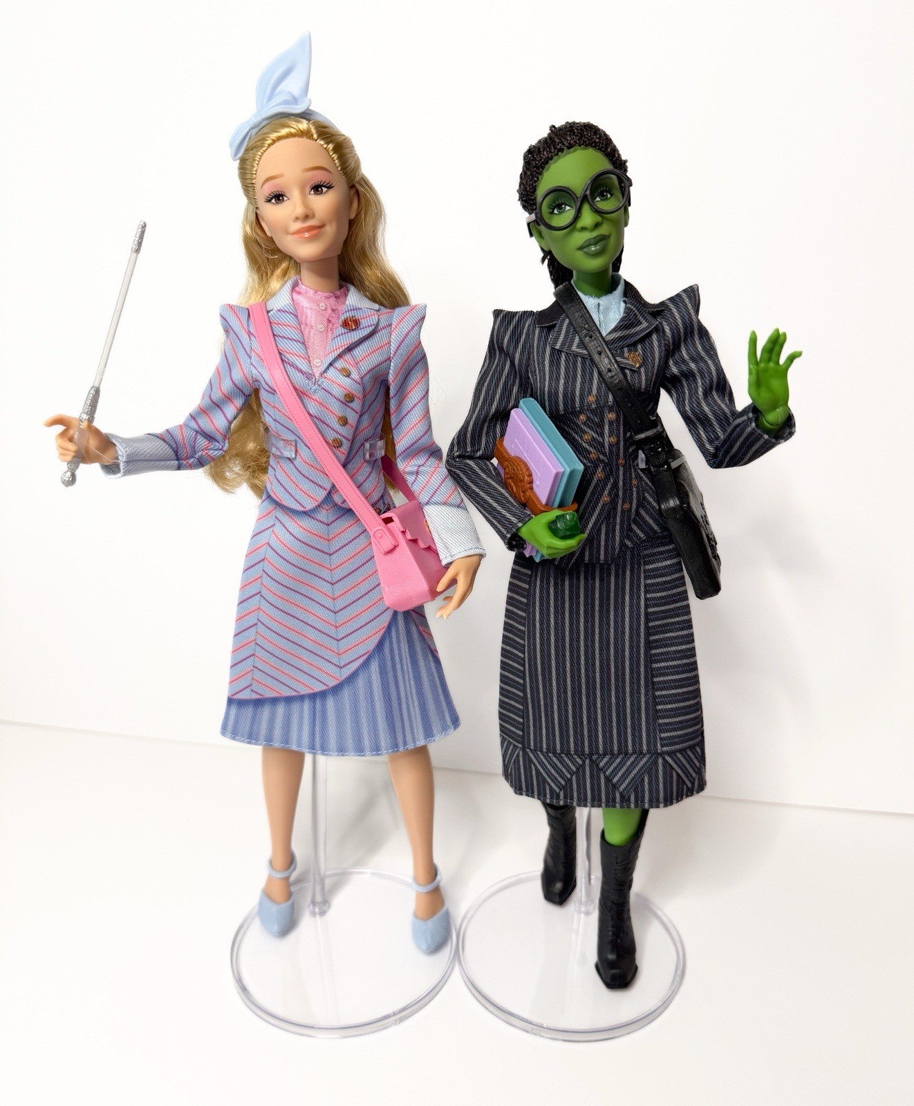 WICKED OOAK Elphaba & Glinda in Shiz Uniforms w/ Accessories & Stands Unique Set
