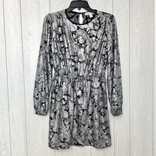 Michael Kors Silver Black Foil Paisley Long Sleeve Dress Size Small NWT