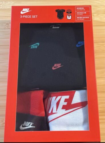 NIKE Baby Bodysuit Beanie Bib Black Red White 3 Pc Set Newborn 0-6M NWT