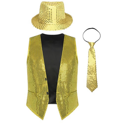 Men Sequined Waistcoat Sleeveless Vest with Hat and Necktie Carnival Disco Party - Picture 18 of 71
