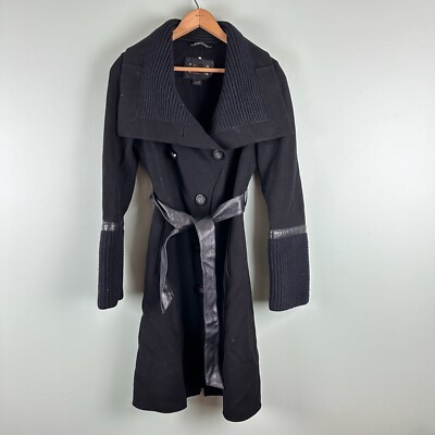 Mackage Black Wool Blend Mid-Length Jacket Leather Detail Womens XS Belted Chic