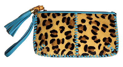 NWOT Clever Carriage Company Leopard Print Turquoise Leather Wristlet Clutch Bag