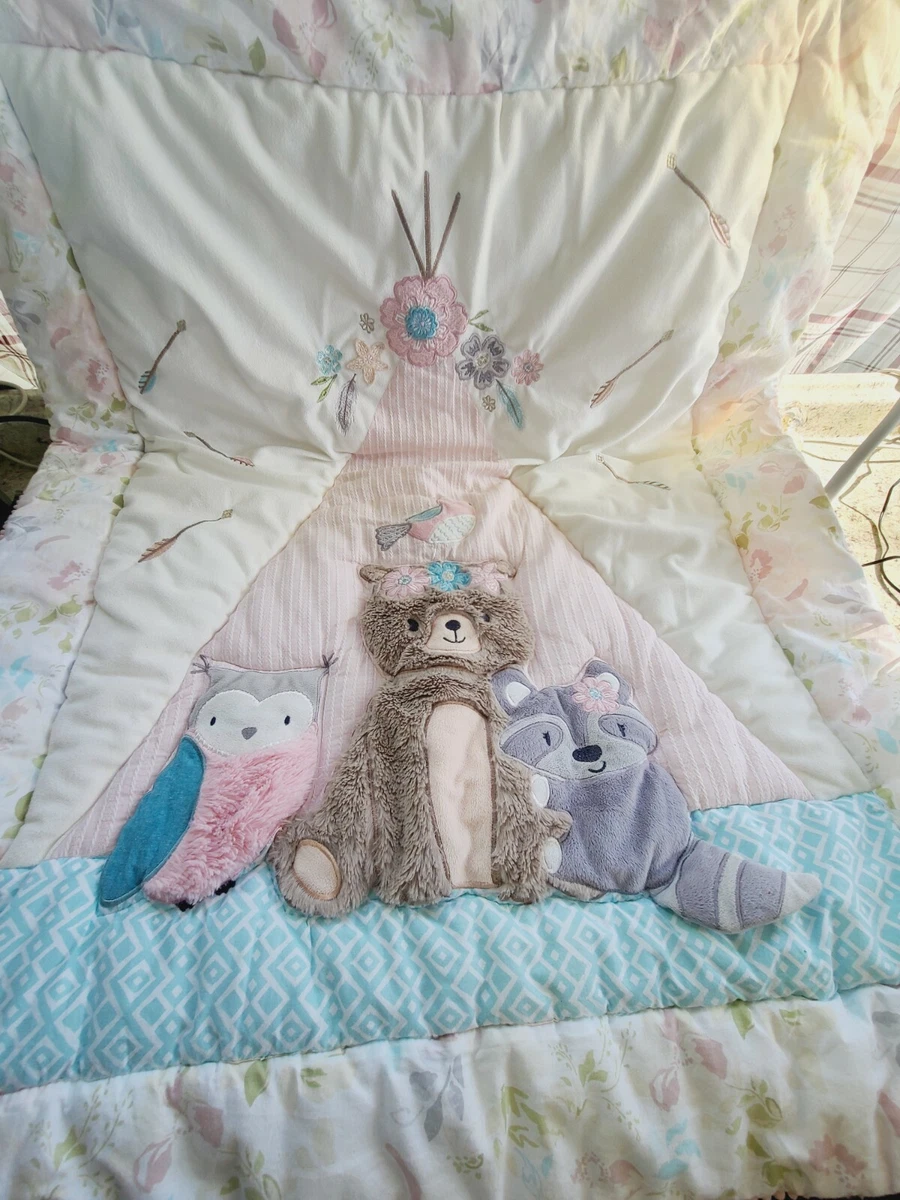 Levtex Baby Crib Quilt Woodland Owl Bear Racoon flowers