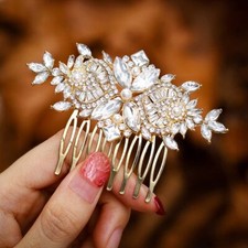 Bride Wedding Hair Comb Silver Flower Bridal Headpieces Leaf Hair Pieces Rhin...