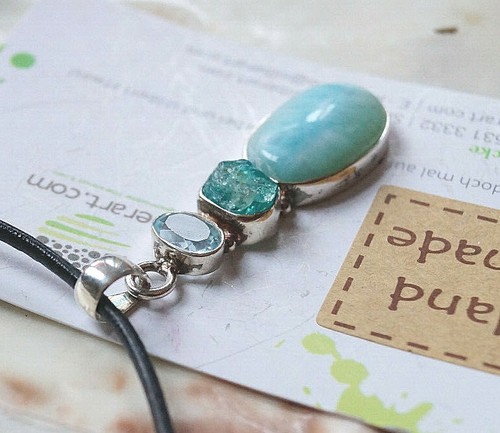 Groß Kettenanhänger Multistone Schlicht Design Silber Larimar Apatit Topas Blau - Bild 4 von 7