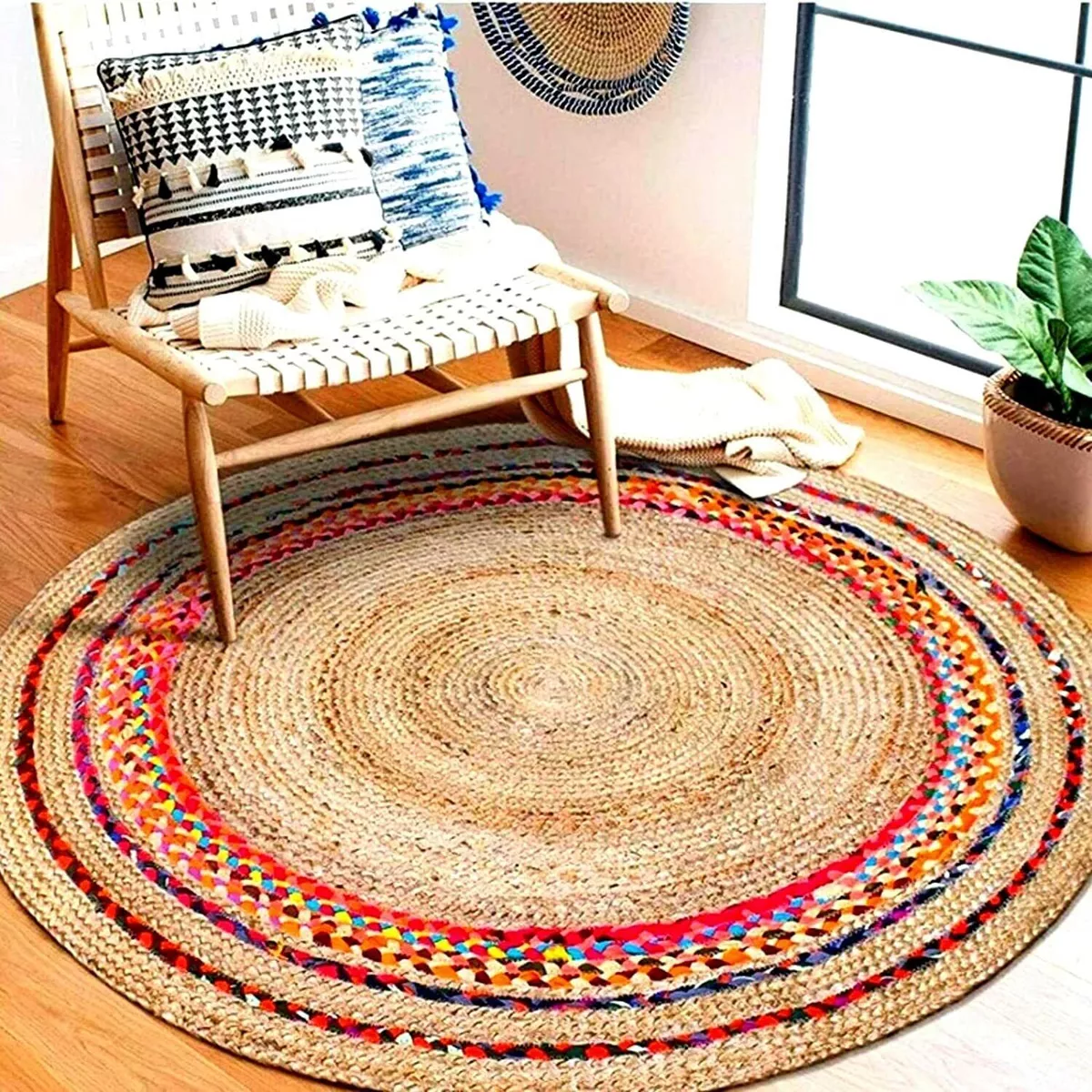 Round Rug Cotton Jute Mix Carpet Modern Rustic Look Multicolor
