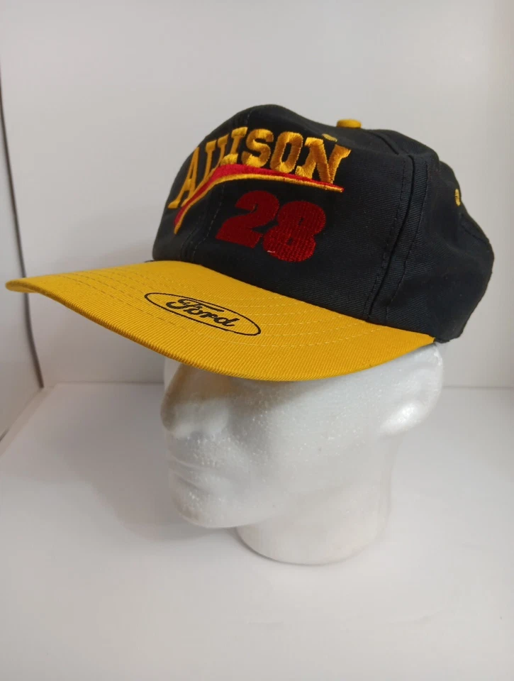 Vtg Davey Allison Snapback Cap Nascar Ford 28 Racing Black Yellow Stitched Hat - Image 4 of 4