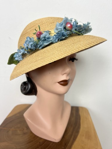 BLUE FLORAL 1950’s 50s Vintage Cherry Berries Pearls Straw Brimmed Sunhat Hat
