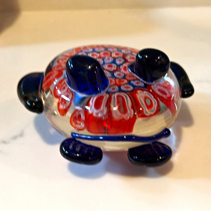 Art Glass Turtle Figurine Decorative Millefiori Pattern Clear Blue Red White
