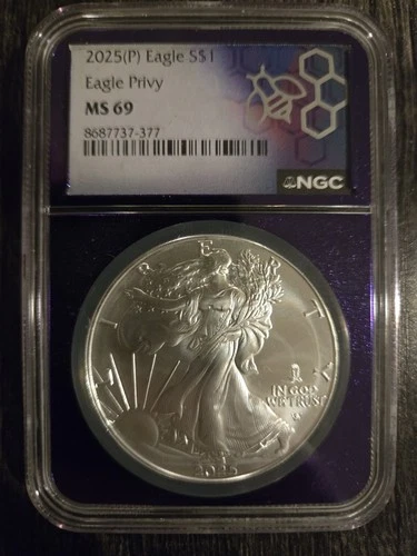 2025 P American Silver Eagle Eagle Privy NGC MS69 In Trader Bea Purple Core