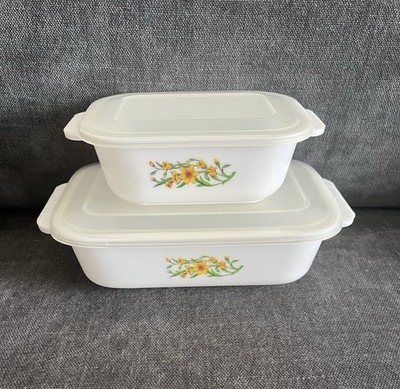   SALE Vintage Kunststoff Paar 2x Frischhalteboxen Geschirr gelb Wildblumendeckel