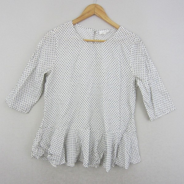 Seed Heritage Top Womens 10 White Black Spot 3/4 Sleeve Peplum Ruffle Hem Blouse
