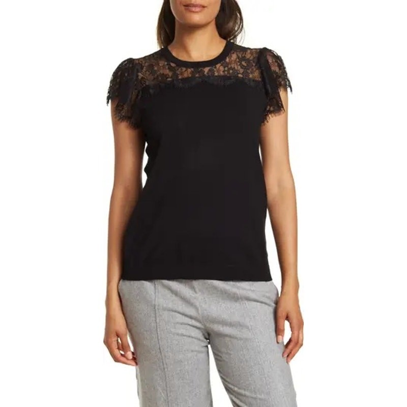 ADRIANNA PAPELL Sweater NEW $89 Black Ribbed Lace Detail Flutter Sleeve Size S