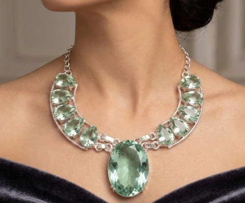 Green Amethyst Necklace 925 Sterling Silver Women Trending Jewelry S-18"
