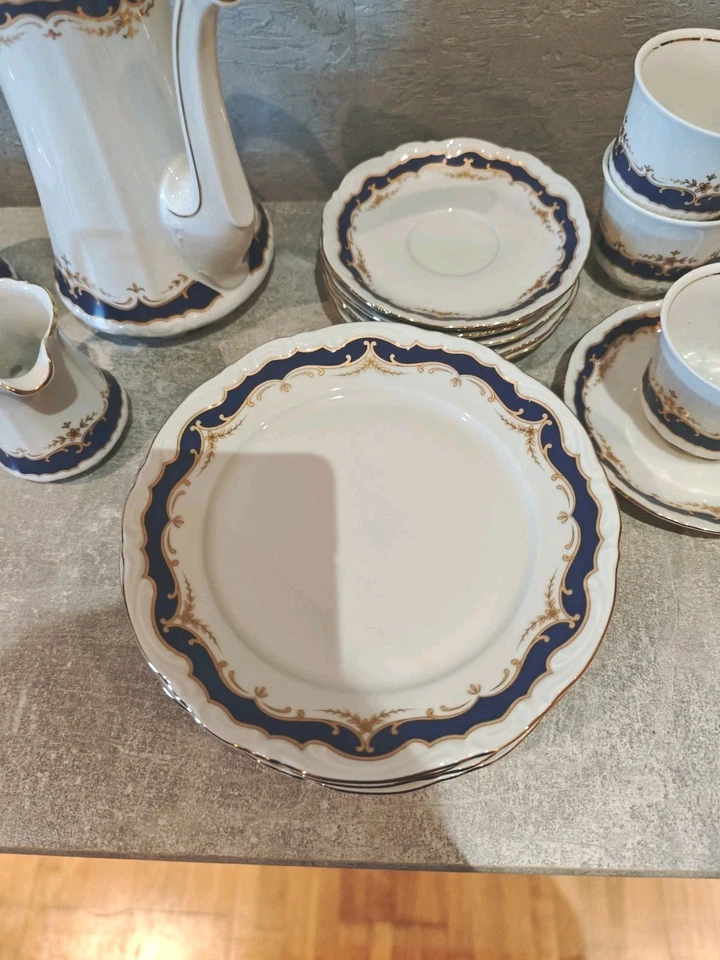 Mitterteich Bavaria Kaffeeservice blau gold 6 Personen Porzellan Kanne Set - Bild 4 von 4