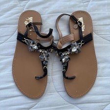 Gold Gold Black Jeweled Sandals Rhinestone Stone Embellished Boho Resort Flat