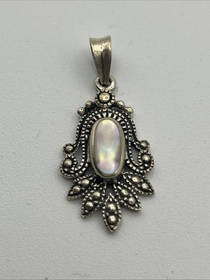 VTG Sterling Silver Mother Of Pearl Floral Drop Pendant 