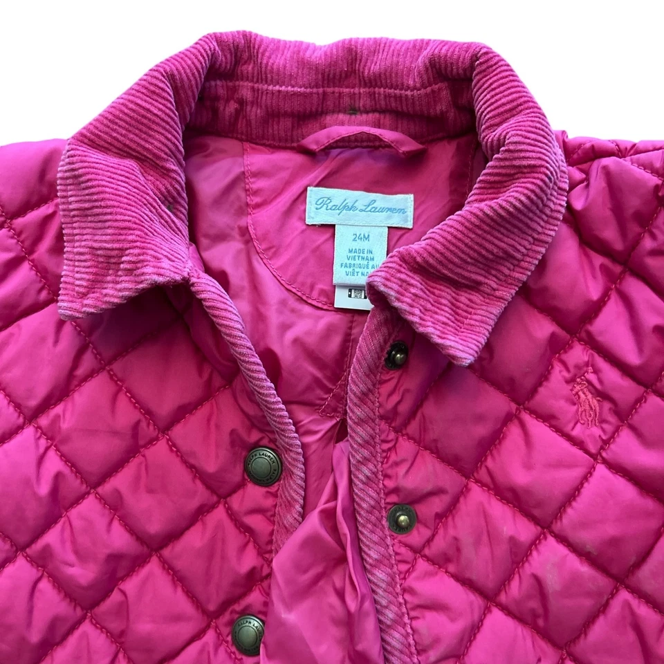 Ralph Lauren 女孩绗缝谷仓夹克 24 米粉色按扣灯芯绒领 (5) — 第 4/4 张图片