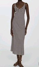 Mango Striped Midi Dress US 4, S Linen Blend knot Front Beige & Dark Blue NWOT
